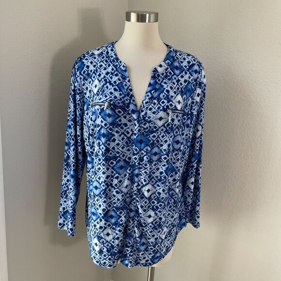 INC Womens Plus 2X Blue White Geometric Long Sleeve Top Zipper Pockets Shirt - Picture 1 of 9